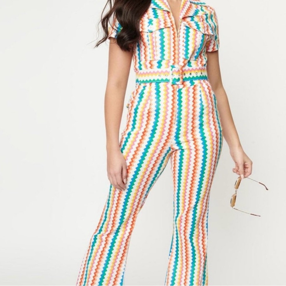 Smak Parlour Rainbow Zig Zag Bellbottom Jumpsuit with Belt, 1X, Unique Vintage